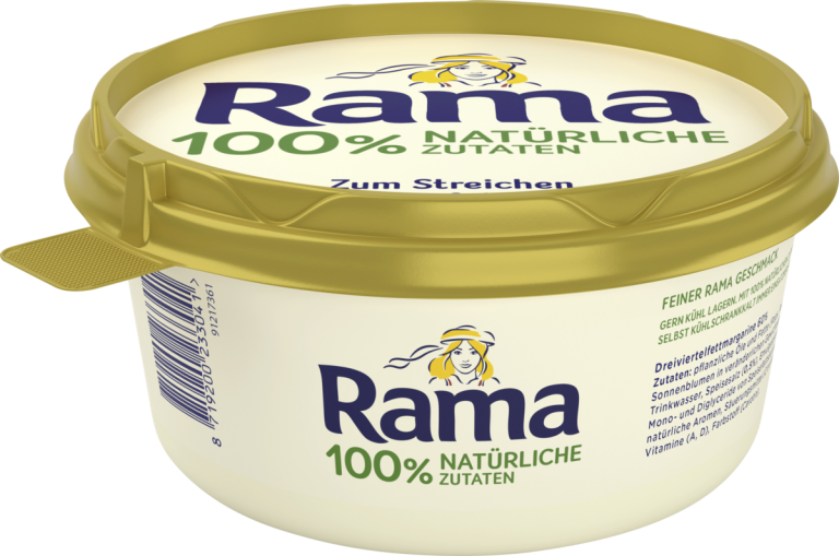 Zu sehen ist eine hellgelbe ovale Packung Margarine der Marke "Rama" bestehend aus 100% natürlichen Zutaten.