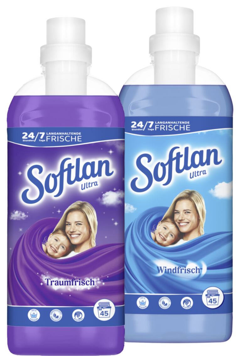 Zu sehen sind zwei 1l Flaschen Weichspüler der Marke "Softlan Ultra". Die linke Weichspüler Flasche hat einen lila Inhalt und trägt die Aufschrift "Traumfrisch". Die rechte Flasche hat einen blauen Inhalt und trägt die Aufschrift "Windfrisch". Auf beiden Flaschen sind eine junge Frau mit einem kleinen Jungen abgebildet, die von einem Tuch umhüllt sind. Beide Weichsüler bieten 24 Stunden 7 Tage die Woche langanhaltende Frisch.