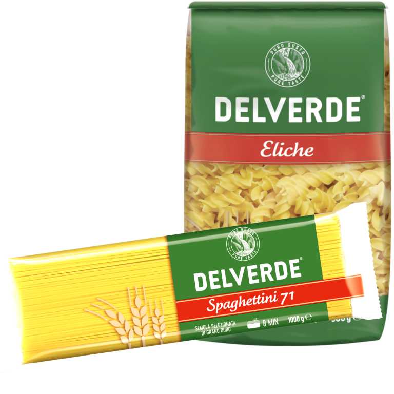 Zu sehen sind zwei Packungen Nudeln der Marke "Delverde" mit je 500g bis 1000g. Eine Packung enthält Spaghtettini 71 mit 1000g Inhalt, die andere Packung Eliche mit 500g Inhalt. Auf beiden Packungen ist das grüne Delverde Logo abgebildet. Die jeweilige Nudelsorte ist in einem roten Kasten darunter geschrieben.