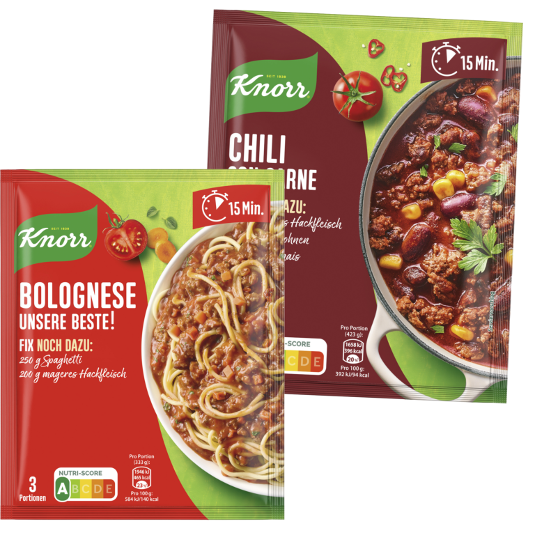 Zu sehen sind zwei Packungen Knorr Fix; unter anderem die Sorte "Bolognese" und "Chili con carne".