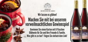 Zu sehen ist eine Anzeige von EDEKA-Kissel mit weißem Hintergrund und schwarzer Schrift. Das Plakat informiert über ein Newsletter Gewinnspiel im Dezember, bei dem man einen Karton mit sechs Flaschen Glühwein von der Marke "Weinkeller am deutschen Tor Landau" gewinnen kann. Rechts sind zwei der genannten Flaschen Glühwein abgebildet. Links sind zwei weihnachtlich dekorierte rote Glühweintassen gefüllt mit rotem Glühwein, Sternanis und Orangenscheiben platziert.