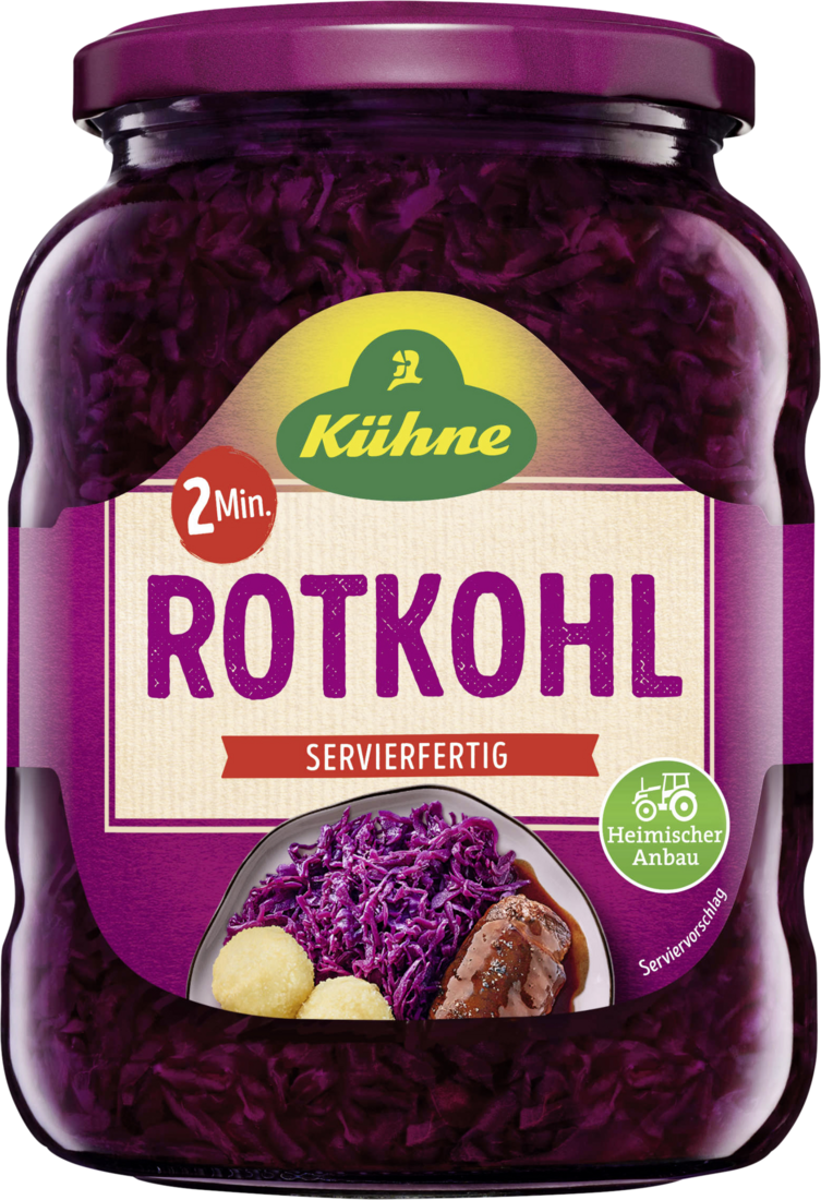 Zu sehen ist ein Glas servierfertiger Rotkohl von der Marke "Kühne". Der Rotkohl stammt aus heimischem Anbau. Das Etikett, sowie der Deckel sind in lila gehalten.