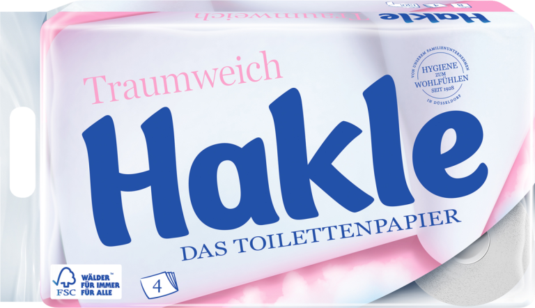 Zu sehen ist "Hakle" Toilettenpapier traumweich. Das Papier ist vierlagig und ausgezeichnet mit dem "FSC Wälder für immer für Alle" Abzeichen.