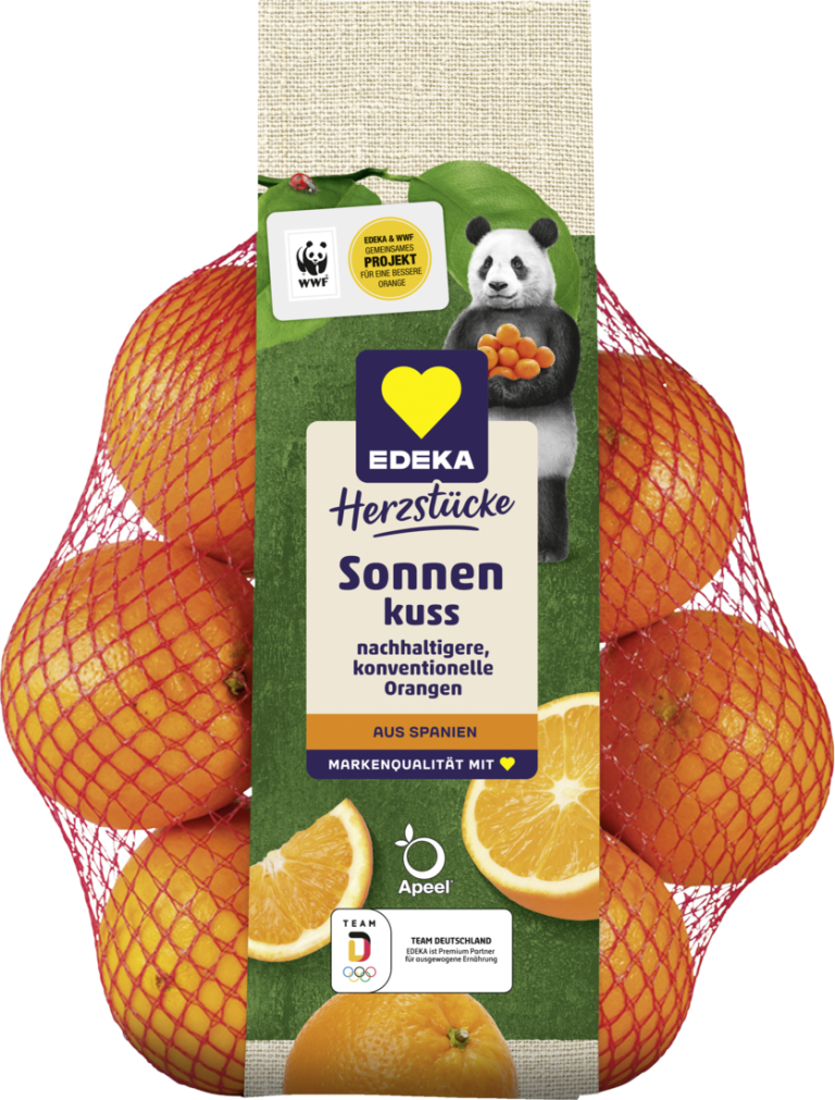 Zu sehen ist ein Netz "Sonnenkuss Orangen" aus Spanien von der Marke "EDEKA Herzstücke". Es handelt sich um nachhaltige konventionelle Orangen.