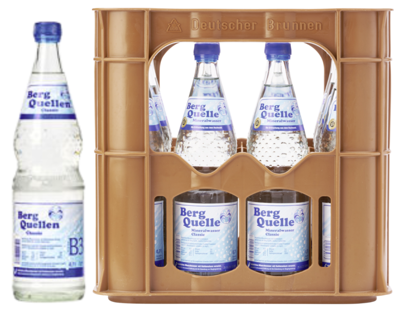 Zu sehen ist ein brauner rechteckiger Getränkekasten der Marke "Bergquellen mit acht Flaschen. Links vor dem Kasten steht eine einzelne Flasche des "Bergquellen Mineralwasser".