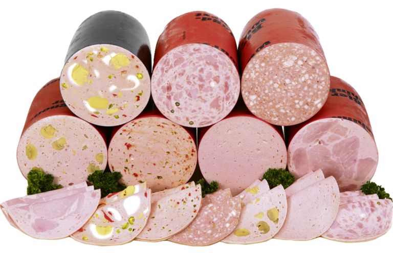 Zu sehen ist ein Brühwurstsortiment bestehend aus Schinkenwurst mit Ei, Paprika, Pilzen und weitere.