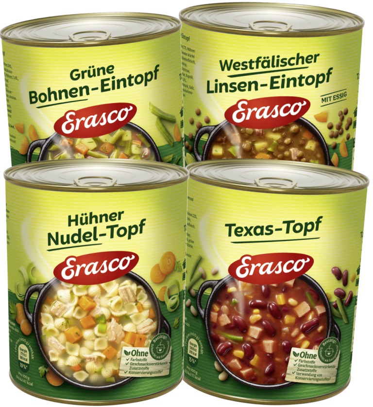 Zu sehen sind vier Doseneintöpfe der Marke Erasco mit unterschiedlichen Sorten je 800 Gramm. Im Hintergrund abgebildet ist links eine grüne Dose "Grüne Bohnen-Eintopf" und rechts eine grüne Dose "Westfälischer Linsen-Eintopf mit Essig". Im Vordergrund abgebildet ist links eine grüne Dose "Hühner Nudel-Topf" und rechts eine grüne Dose "Texas-Topf". Auf den einzelnen Dosen ist jeweils in einer schwarzen Suppenschüssel die jeweilige Suppe abgebildet.