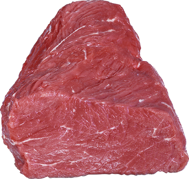 Zu sehen ist ein rohes Rindersteak aus der Hüfte. Das Fleischstück ist dreieckig geformt, rötlich und mit feinen weißen Fettadern. Es ist nicht zugeschnitten oder verarbeitet.