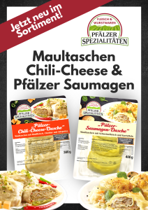 Zu sehen ist ein Werbeplakat von "Pfälzer Spezialitäten", welches aufmerksam macht auf die neuen Maultaschen im Sortiment: Chili-Cheese und Pfälzer Saumagen Maultaschen, ab 22.12.2025 in allen Edeka Kissel und Edeka Kissel SBK Märkten verfügbar. Dekoriert ist das Plakat mit appetitlich angerichteten Tellern auf denen die aufgeschnittenen Maultaschen platziert sind.