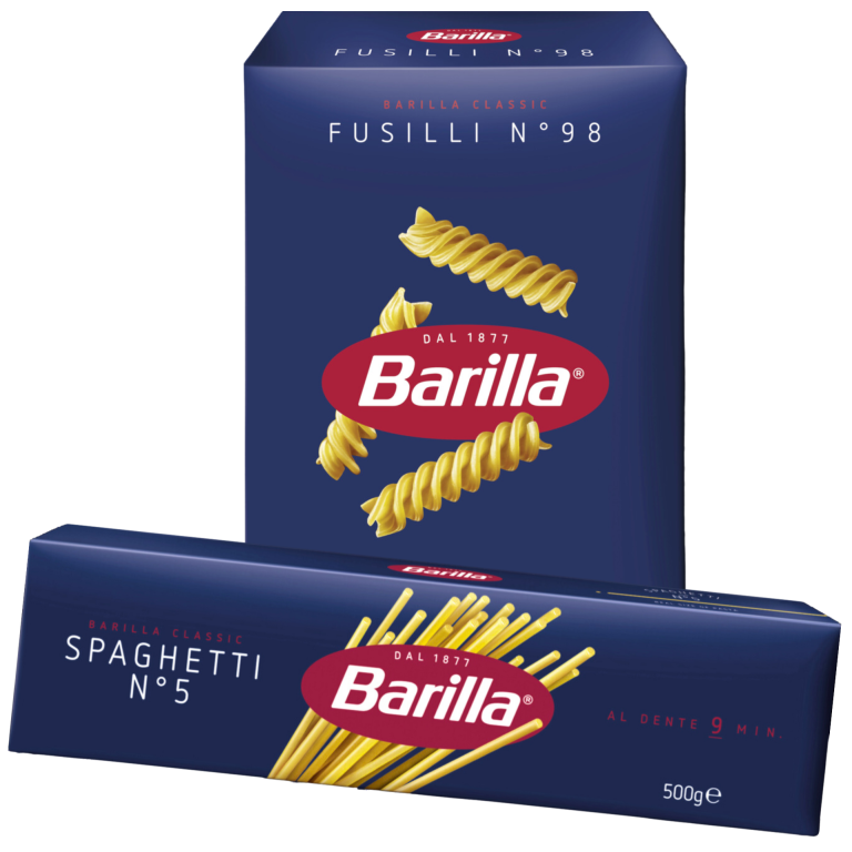 Zu sehen sind zwei dunkelblaue Teigwaren Packungen der Marke "Barilla". Packungsinhalt sind Spaghetti N.5 und Fusilli N.98 je 500 Gramm.