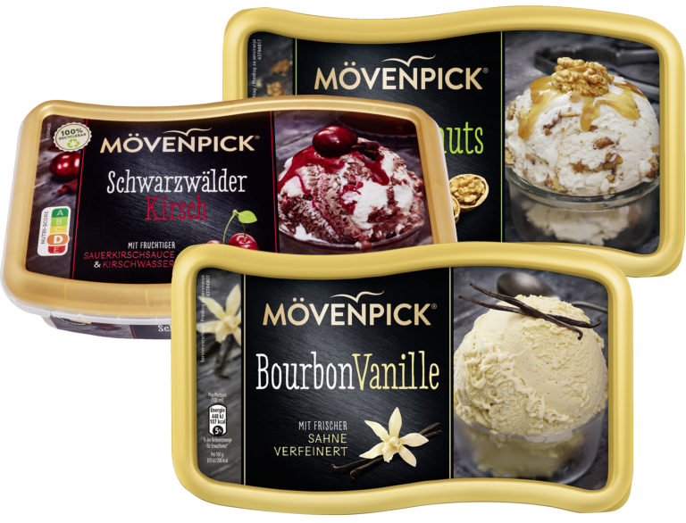 Zu sehen sind drei Eispackungen der Marke Mövenpick; unter anderem die Sorte "Maple Walnuts", "Bourbon Vanille" und "Schwarzwälder Kirsch" je 900 Mililiter.